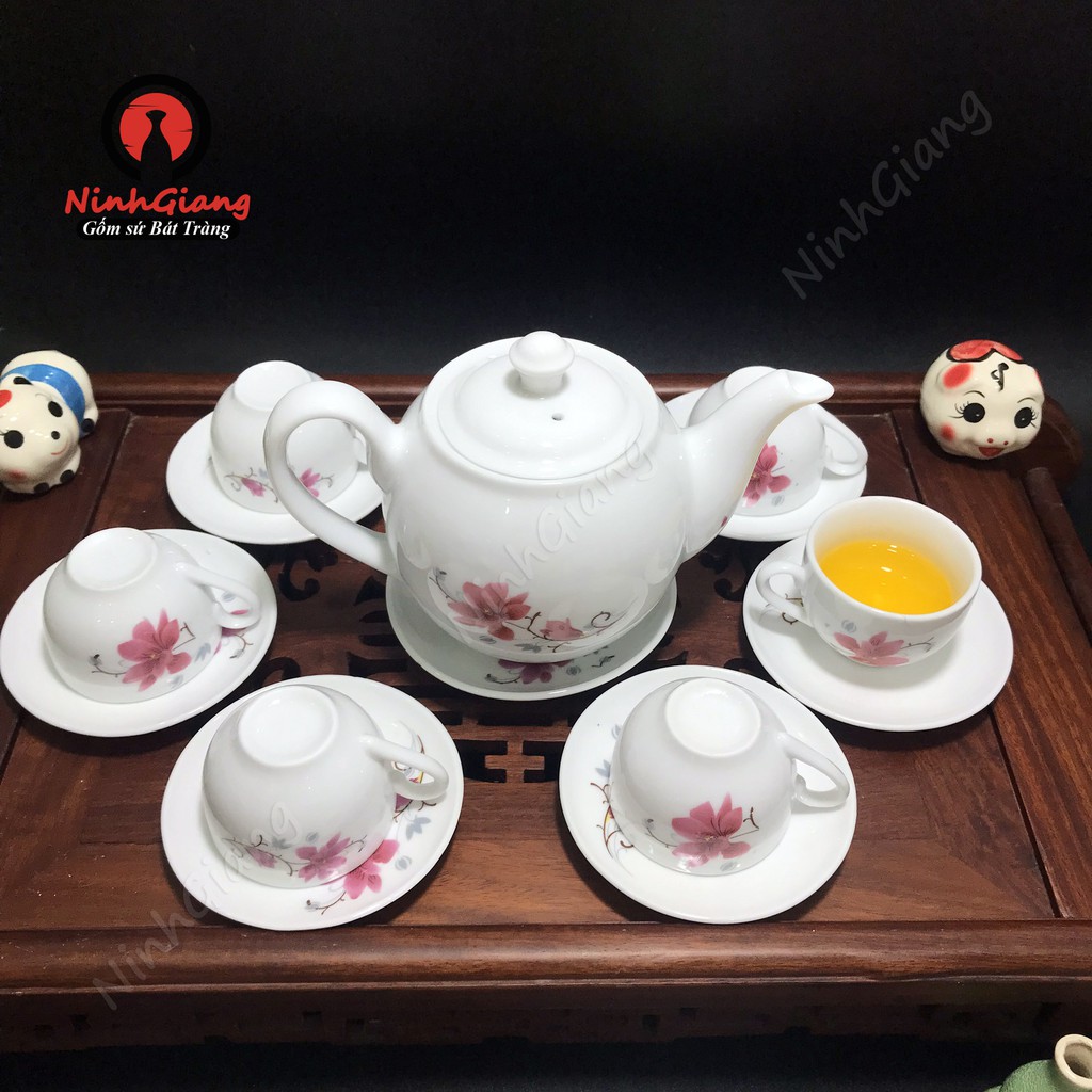 Bộ ấm trà Hoa Lan - Gốm Bát Tràng - Trắng ngọc thanh lịch