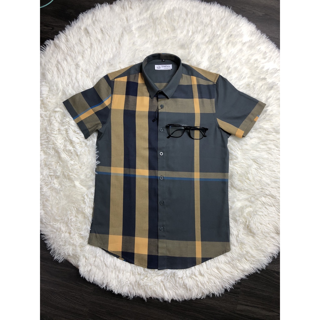 Áo sơ mi kẻ tay ngắn vải cotton , bbr cộc tay kẻ to thoáng mầu vàng rêu