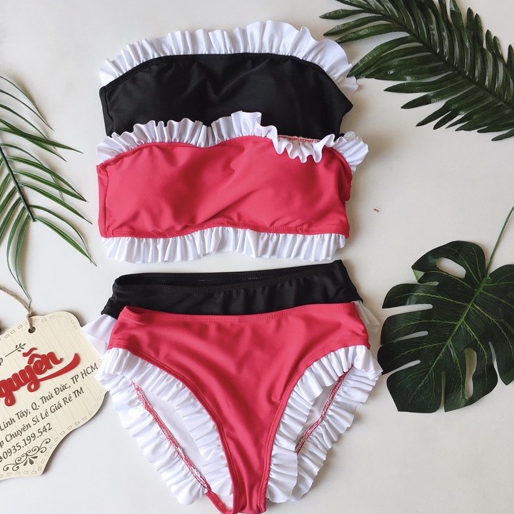 Bikini bộ bơi đồ bơi nữ 2 mảnh áo ống phối quần nhún bèo dễ thương EVA 2MBN