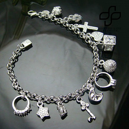 【NEW】Women Fashion Gift Silver Plated Zircon Pendants Chain Bracelet Bangle Jewelry