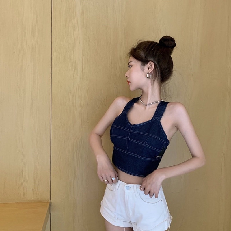 Áo yếm denim phong cách phương tây trên rốn
