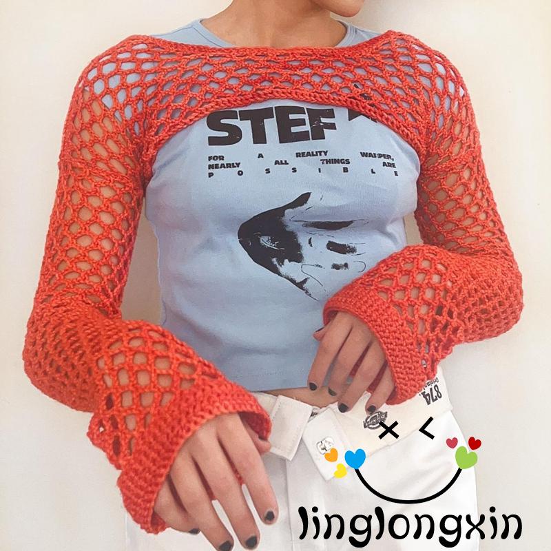 Áo Croptop Dệt Kim Tay Dài Phong Cách Vintage Thời Trang 2000s Linglongxi2-y2k