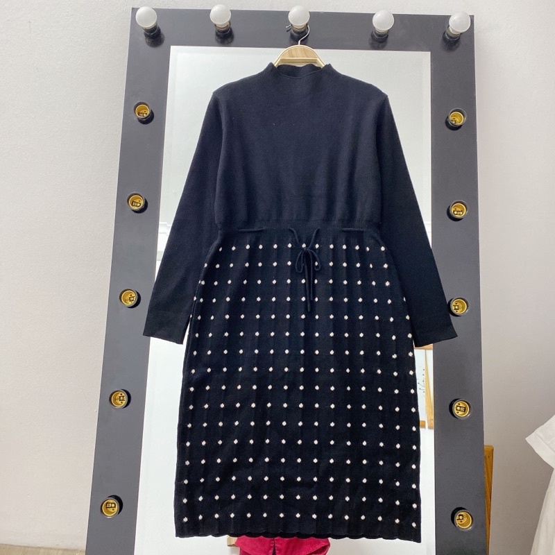 (sale)Váy len bầu - Đầm bầu mùa đông len chấm bi (40-75kg)