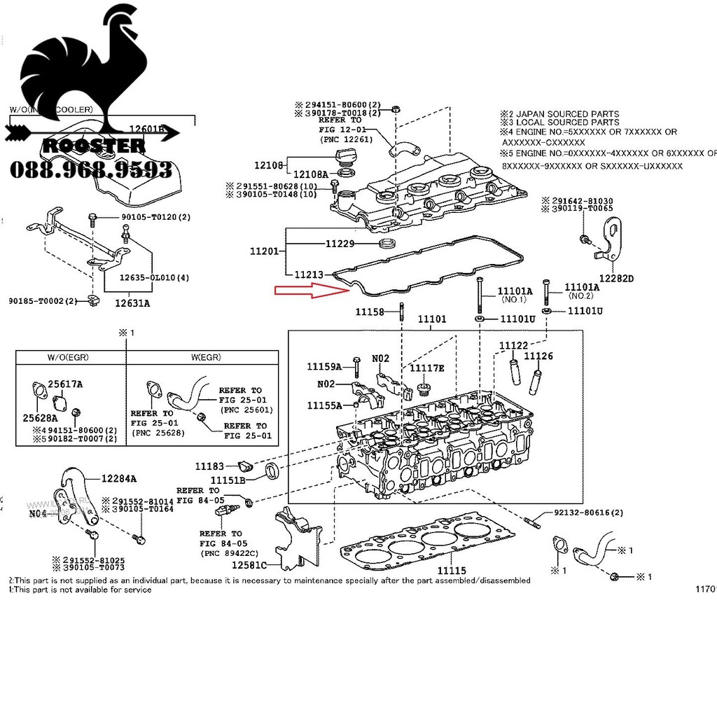 Gioăng giàn cò, giàn cam (động cơ Diezel) xe Toyota Fortuner, Hilux (Mã: 112130L010/1121330040/1121330021/1121330020)