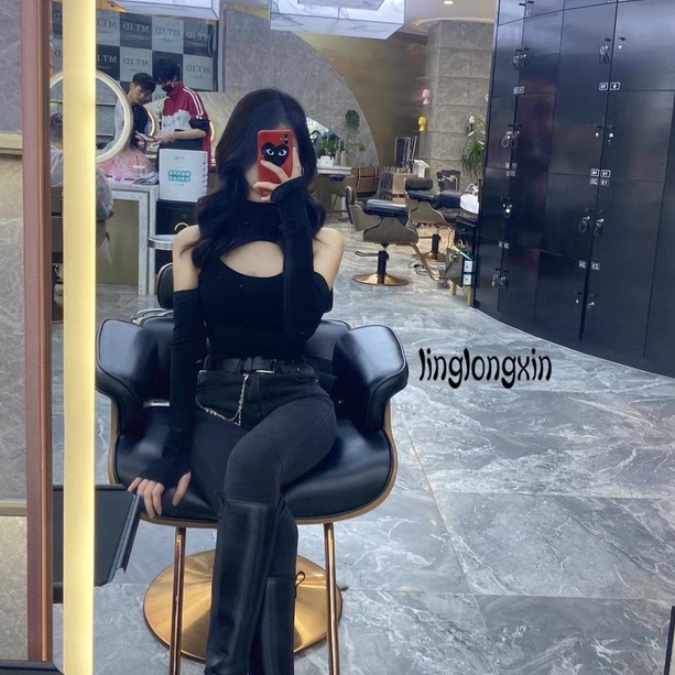 Linglongxi2-Women’s Autumn Long-sleeved Bodysuit Fashion Solid Color Hollow Off-shoulder Half High Collar Jumpsuit