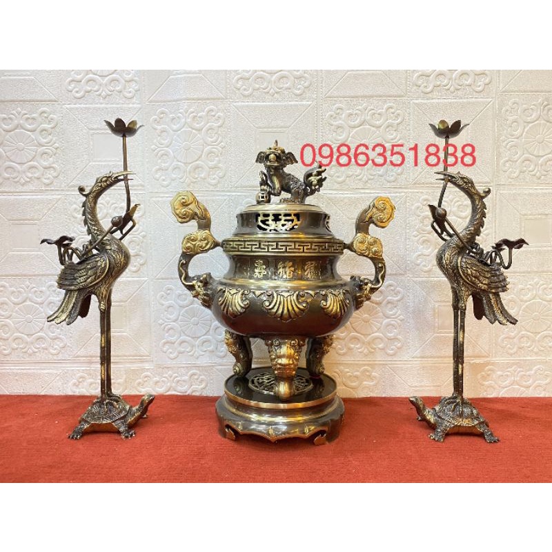Bộ đỉnh đồng 7 món hoa sòi cao 50  đúc liền màu hun cạo cho ban thờ cỡ trung và đại