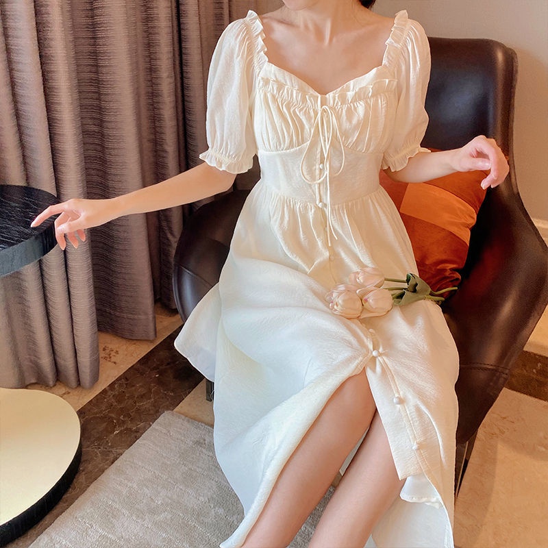 Đầm Công Chúa Tay Phồng Cột Dây Eo Phong Cách Ngọt Ngào Thời Trang Mùa Hè Hàng Mới