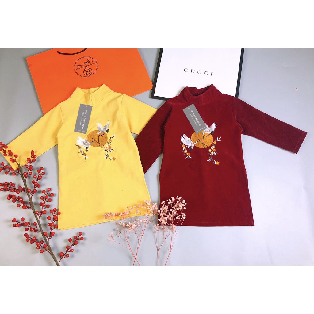 Set Áo Dài Nhung  Cặp Đôi Anh Em 2 Màu Đỏ - Vàng Cho Bé Từ 8kg Đến 22kg