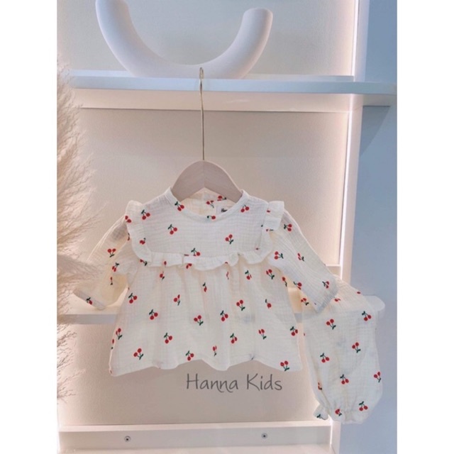Ảnh thật -Tặng yếm- Bộ dài tay cánh tiên cho bé gái vải xô muslin cao cấp, bộ thu đông họa tiết xinh xắn cho bé gái