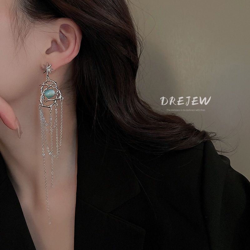 Bông Tai Bạc Dáng Dài Đính Đá Opal Phong Cách Âu Mỹ Cho Nữ
