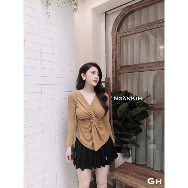 Áo Thun Tay Dài Xoắn eo cổ tim chất cotton dẻo QC còn màu xanh