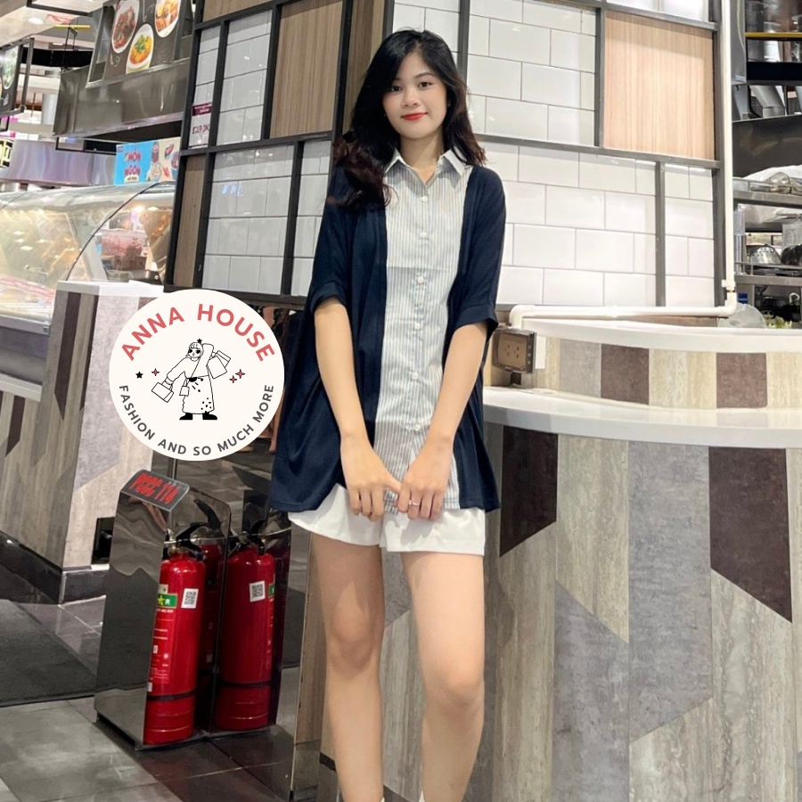 Áo sơ mi nữ tay ngắn cánh dơi cổ phối kẻ sọc form rộng oversize chất cotton, Áo sơ mi nữ cộc tay lỡ cánh dơi Hàn Quốc