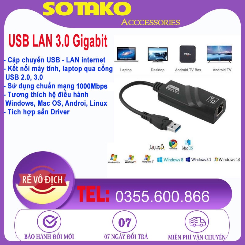 Cáp chuyển đổi USB 2.0, 3.0 to LAN tốc độ Gigabit 1000Mbps Loại xịn