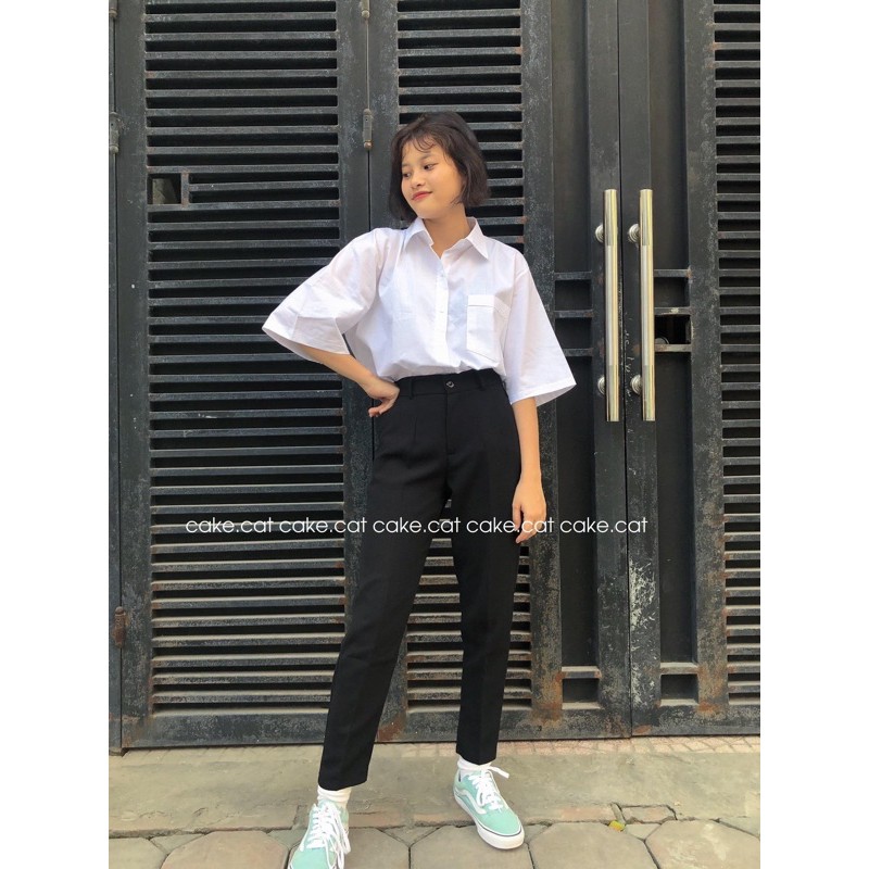 [ẢNH THẬT - Có sẵn] Áo sơ mi trắng tay lỡ &amp; Quần baggy trơn đen