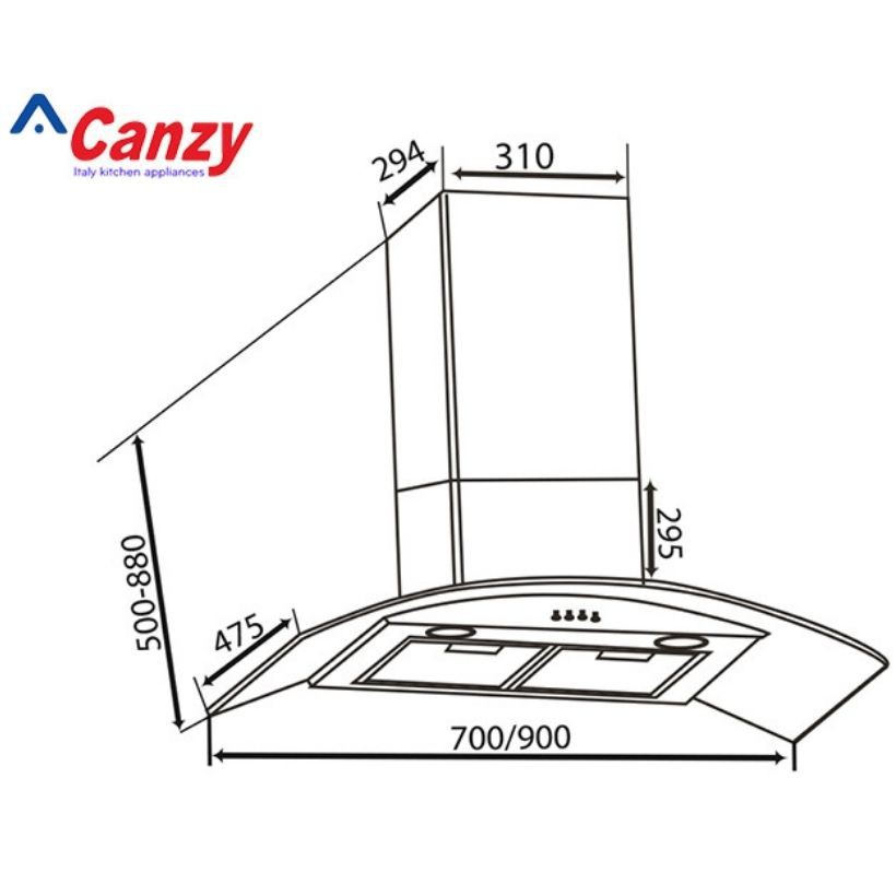 Máy hút mùi nhà bếp kính cong Canzy, công suất hút 1100m3/h - Bảo hành 36 tháng.