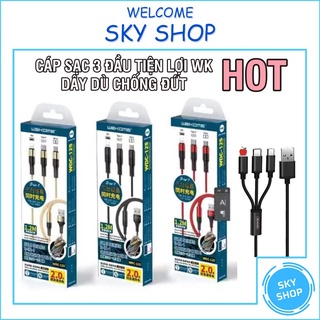 Cáp sạc 3 đầu wk wdc -125,dây dù 1m2 chống đứt,3 cổng ip- microusb-typec