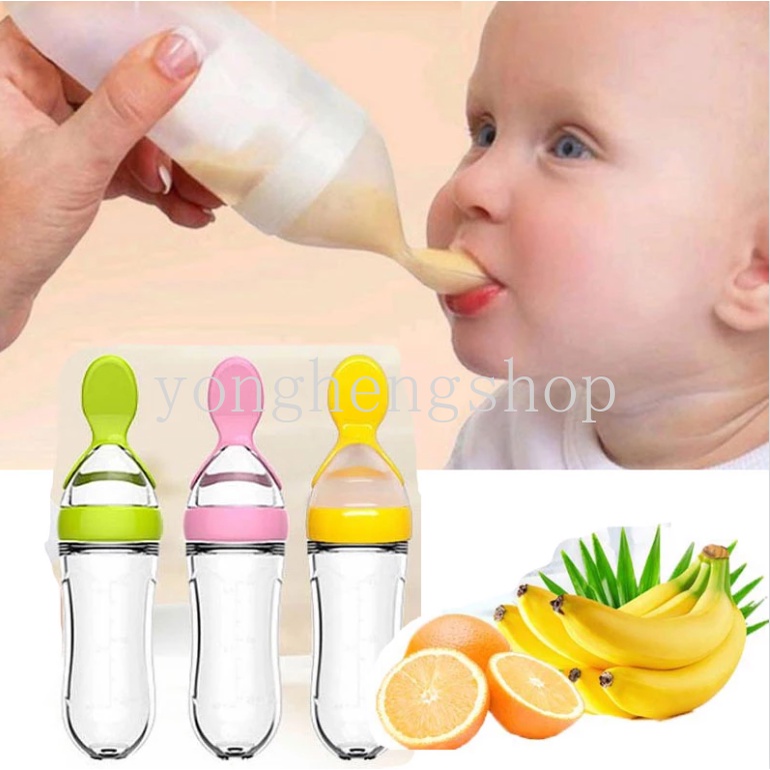Bình Ăn Dặm 90ML Bằng Silicone Kèm Muỗng Cho Bé