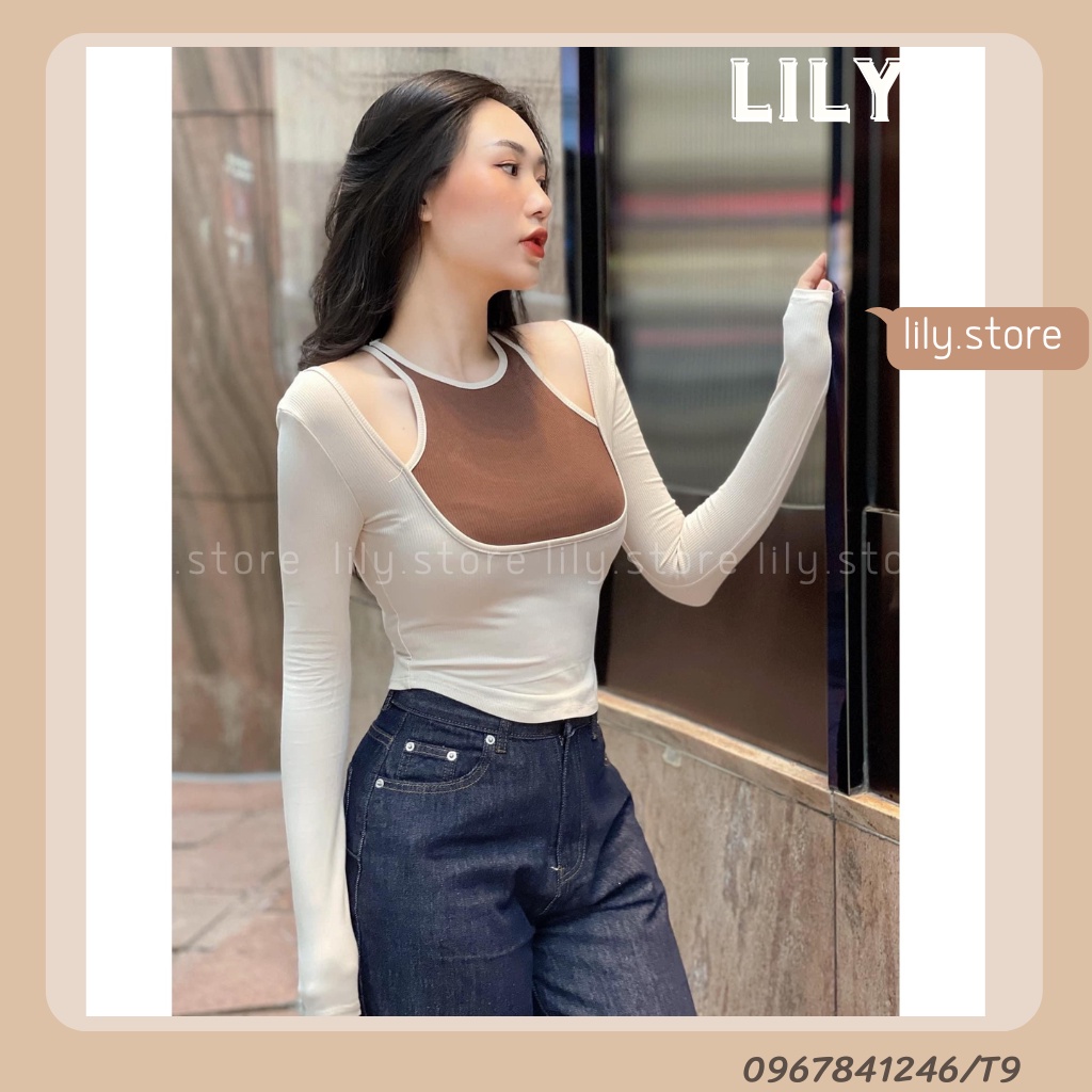 Áo body cổ yếm, Áo kiểu tay dài cổ yếm vạt bầu sang chảnh, áo kiểu croptop nữ 3 màu đen, be, nâu S,M, L T9 LILY
