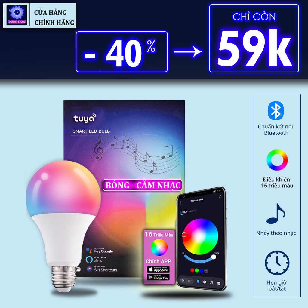 Bóng đèn led điều khiển từ xa đổi màu tuỳ ý 16 triệu màu, nháy theo tiếng nhạc, cảm ứng âm thanh tuya smart 15w