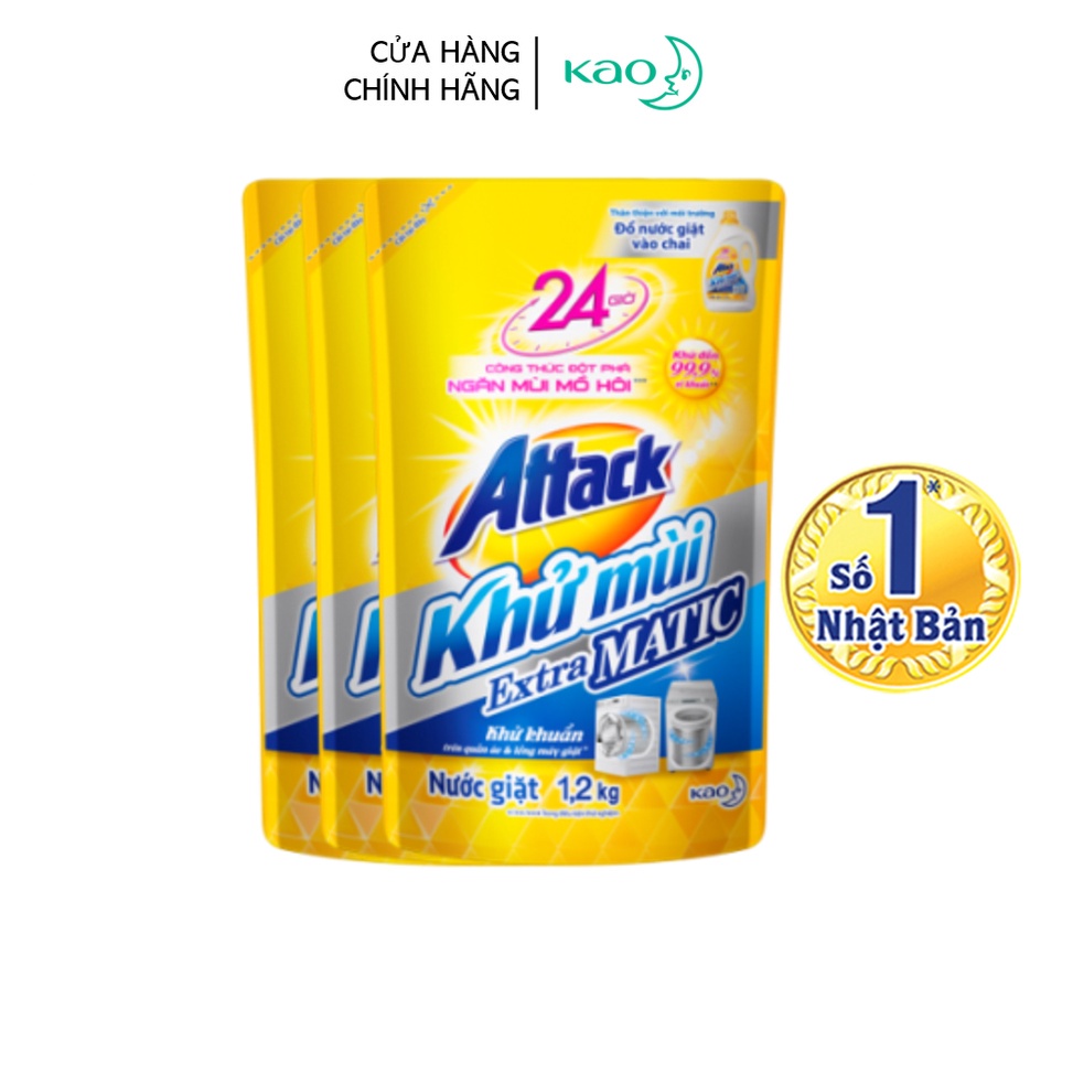 [Mã FMCGKAO52 giảm 8% đơn 250k] Combo 3 Nước giặt Attack Khử Mùi Extra Matic túi 1.2kg