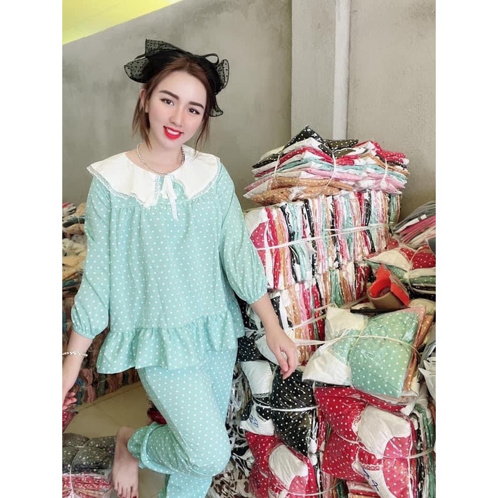 Bộ tiểu thư mặc nhà cho nữ áo cổ bèo, dài tay vải đẹp, dễ mặc, siêu xinh, nữ tính