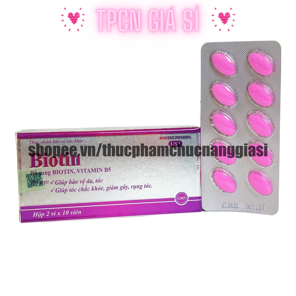 Viên uống BIOTIN bổ sung biotin+vitamin B5 giúp giảm rụng tóc, bảo vệ da, chắc móng – Hộp 20 viên