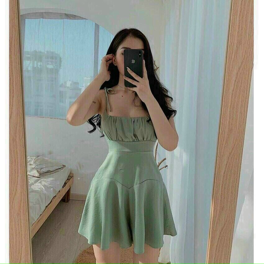 [HOT] 👗Đầm Nữ Xòe Hai Dây Xếp Ly (Mút Ngực) Đa Dạng Màu Sắc (Xanh, Nâu, Vàng) | BigBuy360 - bigbuy360.vn