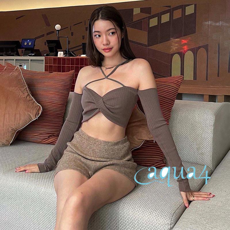 Áo Croptop Cổ Yếm Tay Dài Màu Sắc Trơn Thiết Kế Thắt Nút Độc Đáo Thời Trang Cho Nữ