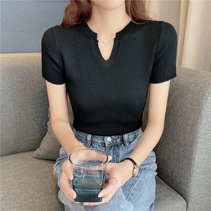 Áo croptop len tăm dệt kim nữ tay ngắn cổ v polo phong cách Hàn Quốc New Arival