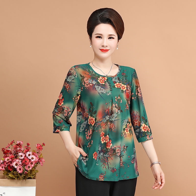 Áo kiểu trung niên nữ, Áo sơ mi họa tiết  đủ size 45-80kg cho mẹ, chất liệu thun cát thoáng mát nhiều màu