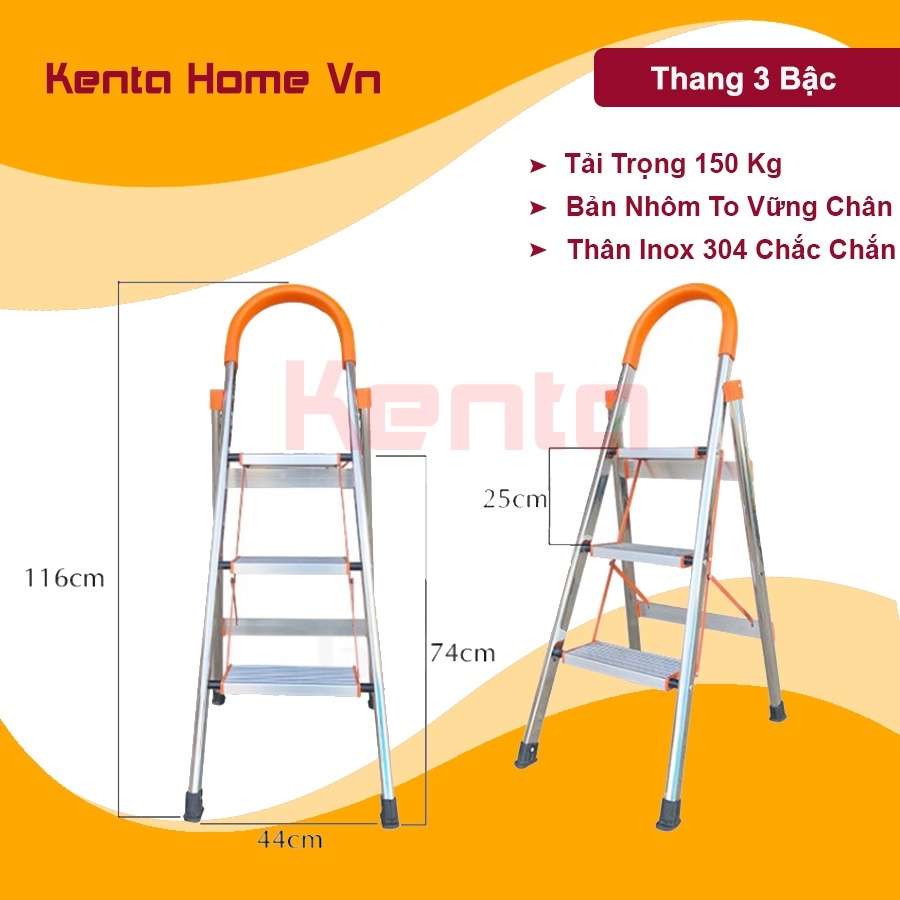 Thang nhôm ghế tay vịn 3 Bậc (Cao 70cm) Khung inox 304 cực kỳ chắc chắn an toàn, Thang nhôm ghế nhập khẩu bảo hành 1 năm