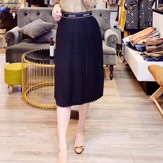 Chân váy xếp ly NHẬT LINH chân váy dài đến gối cạp chun phối họa tiết sang chảnh - CV195