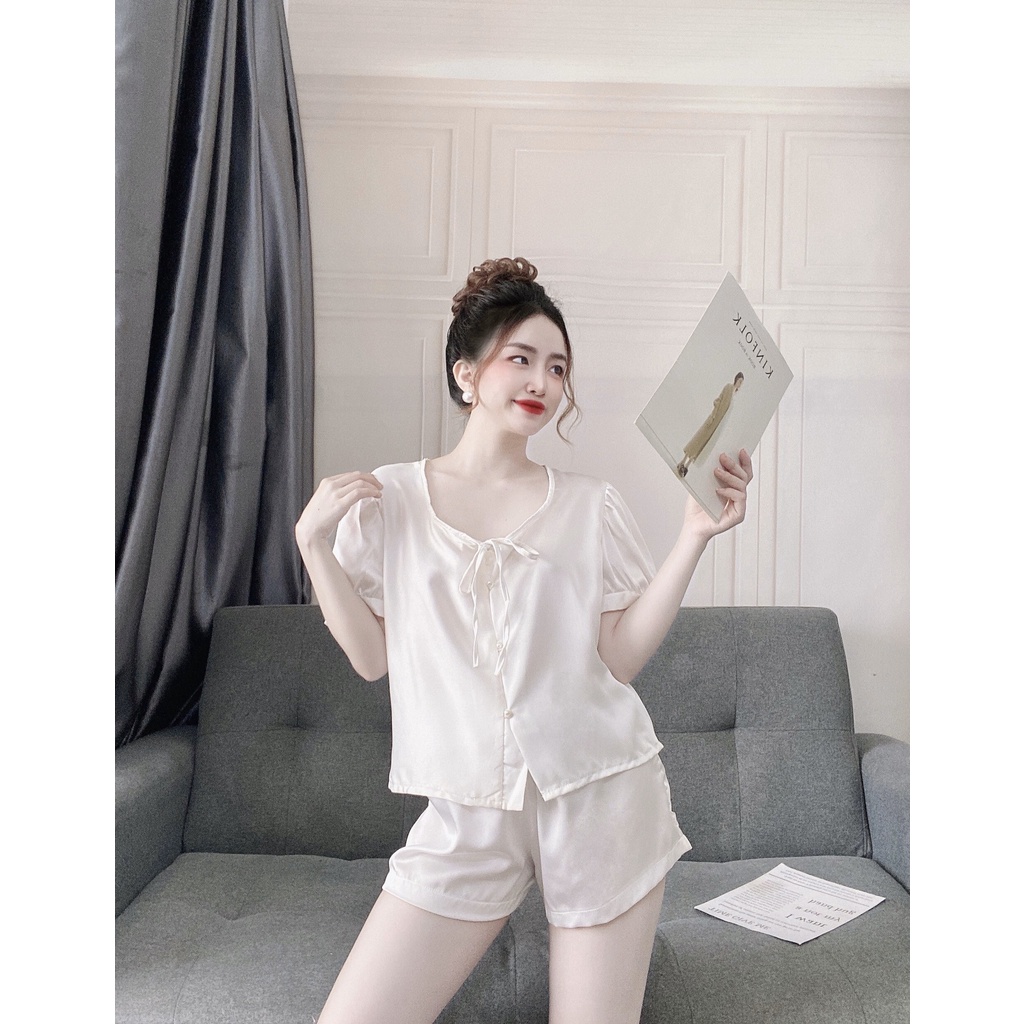 Đồ ngủ mặc nhà tay ngắn Hoàng Tình Store lụa satin cao cấp mềm mại thoáng mát đính nút ngọc xinh xắn Freesizei
