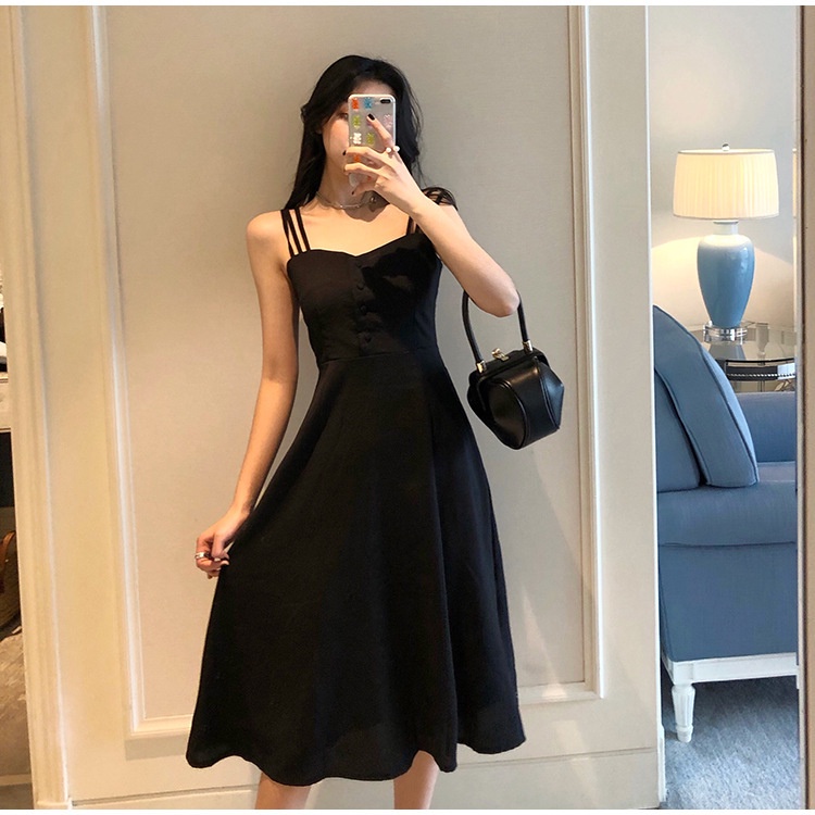 Đầm hai dây IELGY màu đen thời trang mùa hè phong cách vintage cho nữ