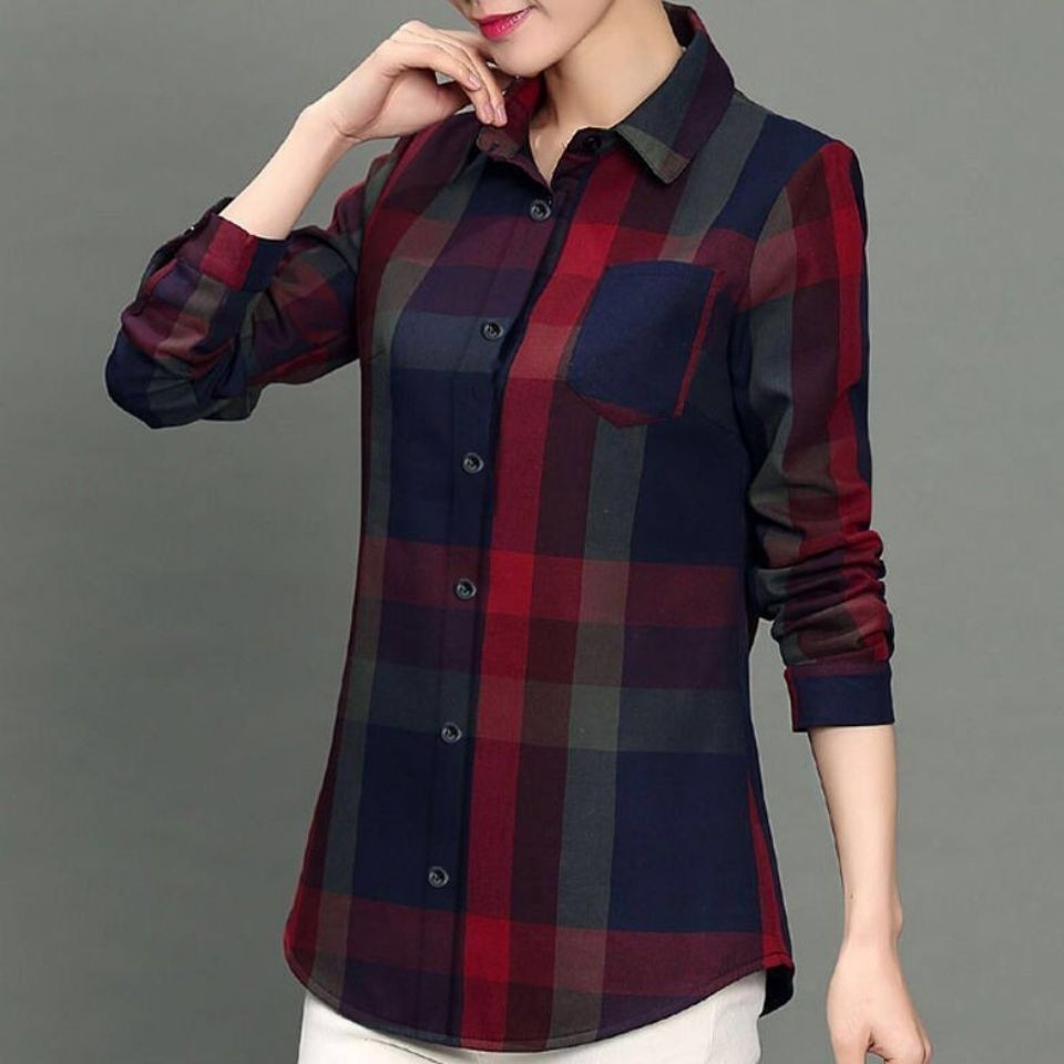 Spring and summer new products cotton sanding plaid shirt middle-aged women's long-sleeved Korean version of loose loose all-match casual women's blouse mother dress