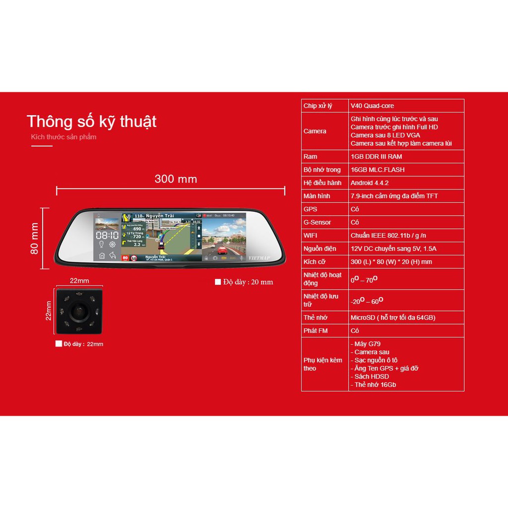 CAMERA HÀNH TRÌNH TRƯỚC SAU VIETMAP G79 DẠNG GƯƠNG CHIẾU HẬU TÍCH HỢP DẪN ĐƯỜNG