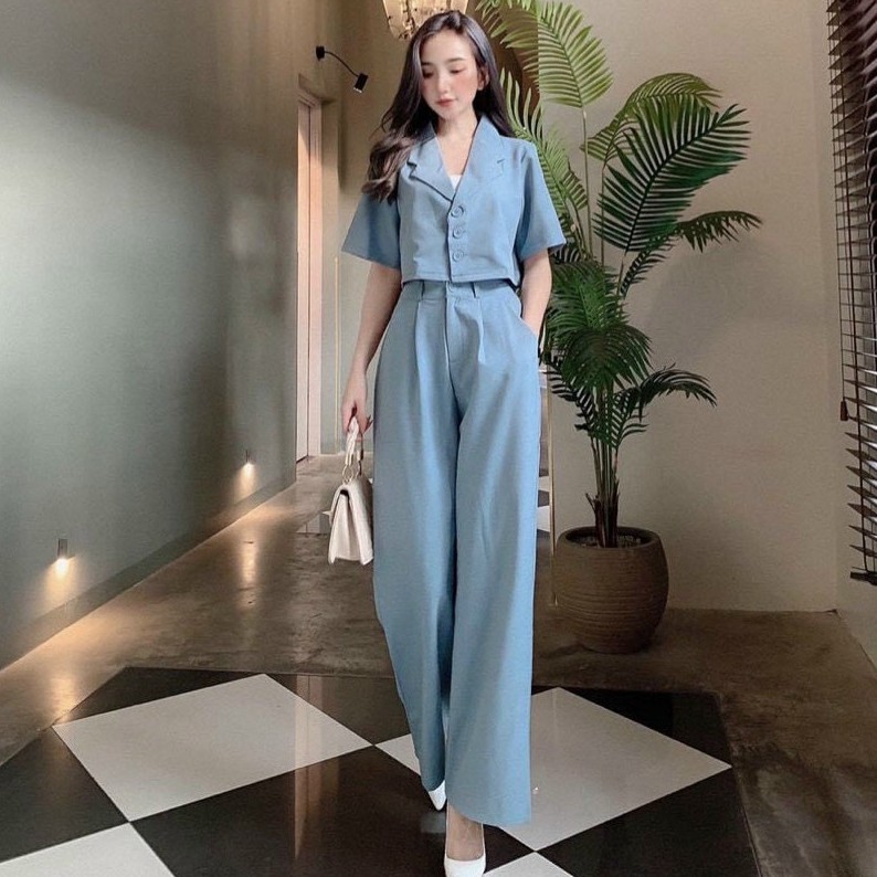 Sét Vest Croptop Trơn Mix Quần Suông Ống Rộng