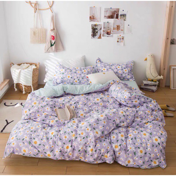 Bộ chăn ga gối Cotton poly M2T Bedding Hoa tím phối caro, vỏ chăn mền, drap nệm và 2 vỏ gối