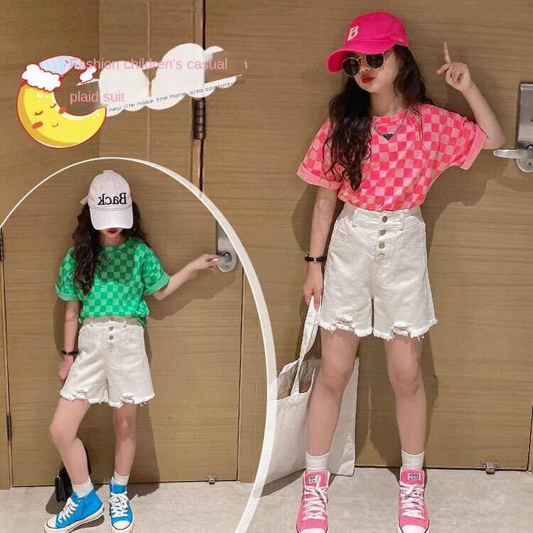 Bộ Áo Thun Ngắn Tay Và Quần Short Họa Tiết Kẻ Sọc Phong Cách Hàn Quốc Thời Trang Mùa Hè Mới Cho Bé Gái Từ 10-11-12 Tuổi 13-14 Tuổi/5-6 Tuổi