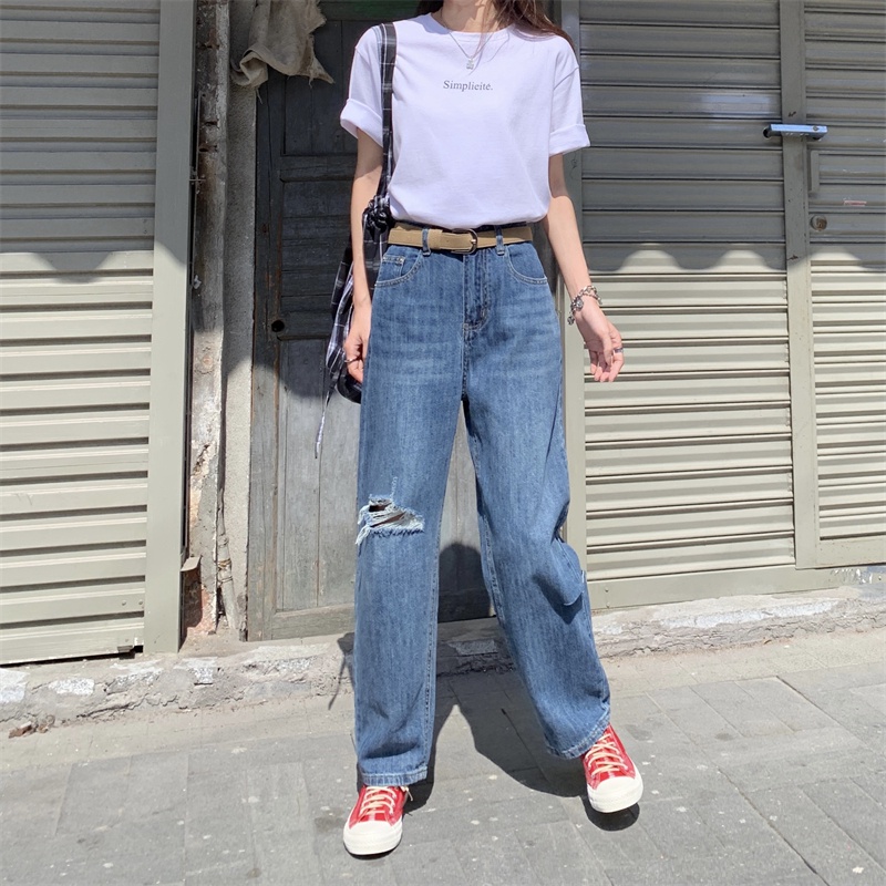 Quần Jean Lưng Cao Form Rộng Thiết Kế Xẻ Rách Cá Tính