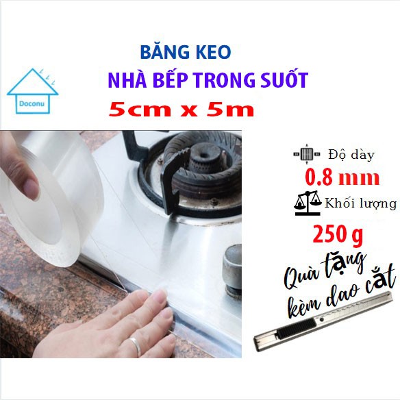 Băng keo 5cm x 5m chống nước đa năng siêu dính trong suốt DOCONU. [CAM KẾT BẢO HÀNH 1 ĐỔI 1]