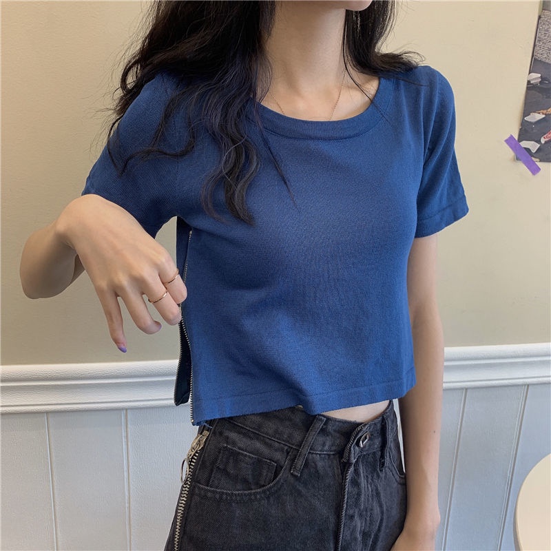 Áo thun croptop tay ngắn có dây khóa kéo thời trang mùa hè thiết kế mới dành cho bạn nữ