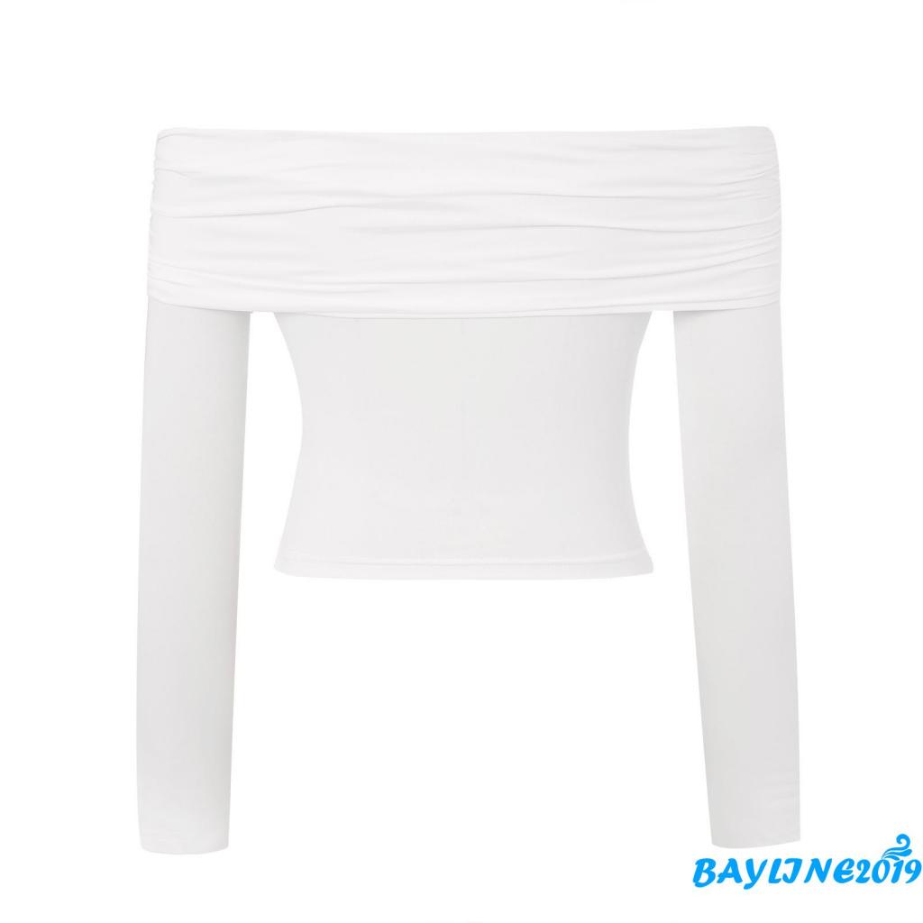 Bay-female Crop Top Tay Dài Cổ Thuyền Màu Trơn Thời Trang Xuân Thu Size S / M / L