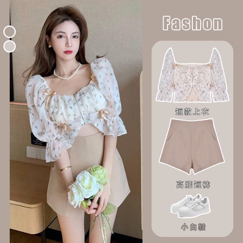 Set Áo Sơ Mi Tay Phồng Ngắn + Quần Short Lưng Cao Phong Cách Retro Mùa Hè Mới Cho Nữ 2021