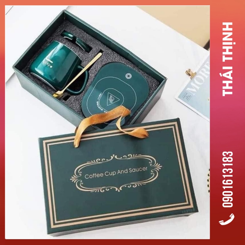 Cốc hâm nóng đồ uống kèm đế điện và thìa, bộ ly sứ hâm nóng trà, cafe, hâm sữa