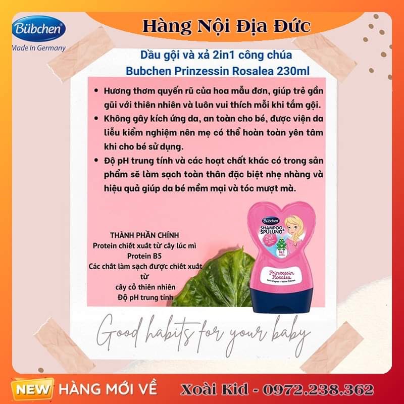 [Hàng nội địa Đức] Dầu gội xả 2in1 Bubchen công chúa cho bé của Đức