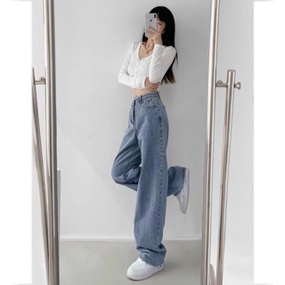 Quần bò suông ống rộng khuy lệch Ulzzang