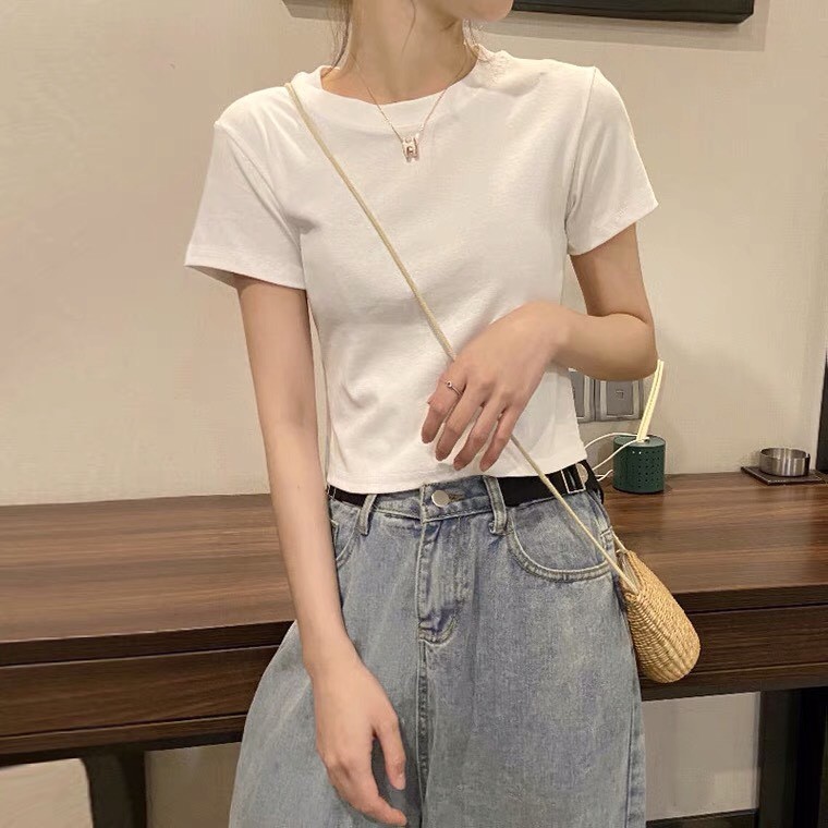 Áo croptop tay ngắn, áo borip nữ màu trắng