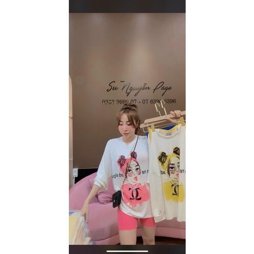 sét bộ quần ngố phối áo thun giấy in hình cute