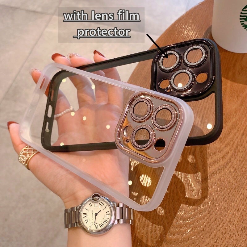 Ốp lưng iPhone 14 Pro Max,13 Pro, 13 Pro Max, 11 12  lưng trong kính viền màu bảo vệ camera mắt camera gẵn nhũ kim cương
